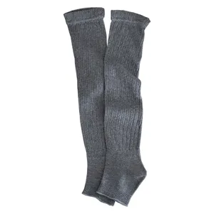Grey ribbed stirrup leg warmers for women, slouchy style knitted over-knee socks.