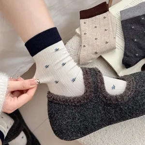 Ultra-thin wool floral mid-tube socks, Korean style cute contrast color cozy warm socks for women.
