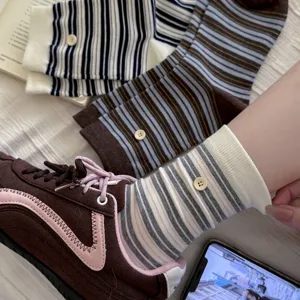 Dames lente zomer gestreepte sokken met knopen decoratie, Koreaanse stijl casual dagelijks.