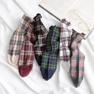 Women plaid cotton mid-calf socks with lettuce ruffle edge, sweet Japanese college style