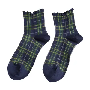 Cute women ruffle cuff plaid mid-calf socks navy blue with yellow grid daily hosiery