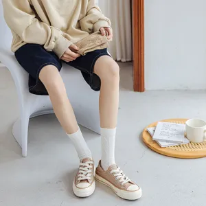 Japanese style pure cotton mid-calf socks with embossed floral pattern for women