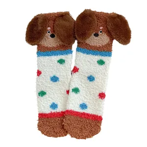 Cozy coral fleece mid-calf socks with cute cartoon dog design and colorful polka dots