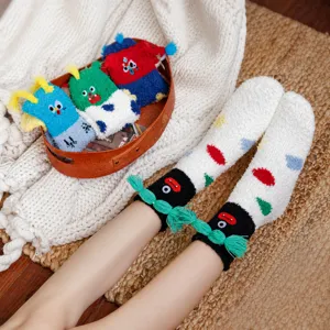 Calcetines de Invierno Engrosados de Vellón de Coral para Mujer Cálidos Dibujos Animados Payaso de Suelo Dormir Suaves