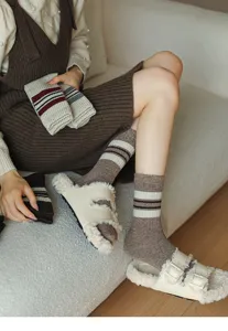 Warm winter wool mid-tube socks for women, vintage striped thermal knit casual hosiery.