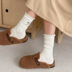 Chaussettes mi-hautes en laine à volants pour femmes, broderie nœud, doublure polaire bien chaude.