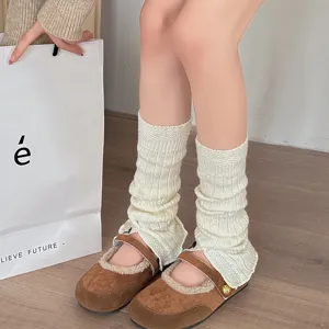 White knitted leg warmers for women, cozy winter fashion college style fuzzy socks boot cuffs.