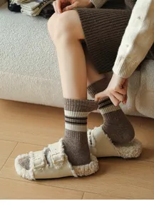 Cozy brown striped women mid-tube socks, soft wool blend warm winter preppy style hosiery.