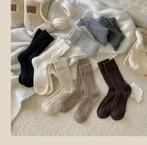 Cozy winter wool blend thick cable knit crew socks for women, vintage solid warm fashion style.