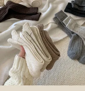 Cozy women's cable knit slouch socks, solid color winter warm vintage mid-tube thermal socks detail.