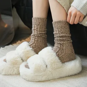 Women Winter Thickened Cable Knit Warm Wool Blend Crew Socks Solid Color Soft Slouch Long Socks
