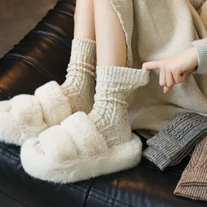 Thickened cable knit wool mid-tube women socks warm plush slippers autumn winter cozy fuzzy