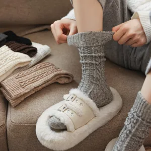 Thick cable knit warm wool women long socks winter cozy solid color stacking tube hosiery