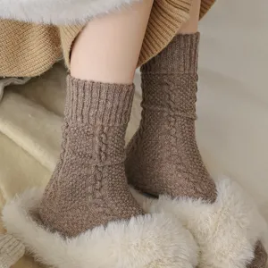 Women wool blend cable knit mid tube socks winter warm retro cozy casual solid color cute daily
