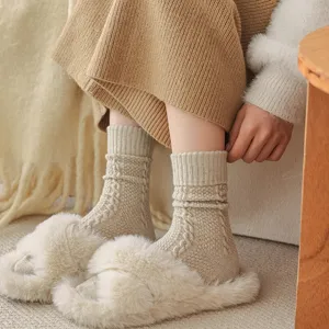 Women wool mid-calf cable knit socks vintage cozy winter warm casual solid slouch socks