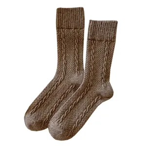 Women winter warm cable knit wool socks retro brown mid tube cozy thermal hosiery