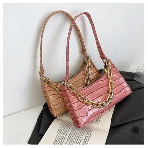 Bolsos de hombro elegantes textura de cocodrilo rosa y beige con cadena dorada