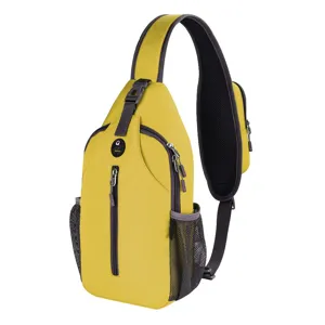 Detailed view of yellow waterproof outdoor chest bag for men with multiple pockets