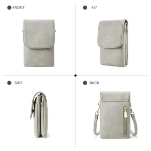 Detailed multi-angle views of grey PU leather crossbody phone bag with zipper pocket