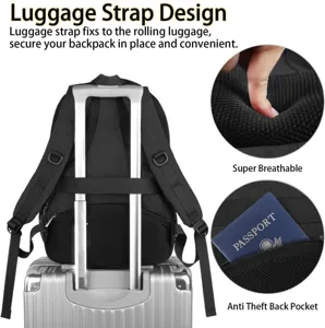 Details zu Gepäckgurt, atmungsaktivem Rücken und Diebstahlschutztasche am Reiserucksack.