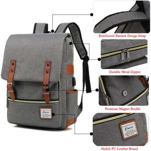 Detailed features of vintage canvas laptop backpack with USB port and metal zippers