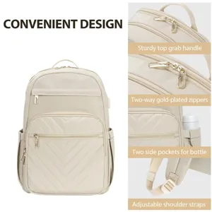 Vista detallada mochila beige de negocios con cremalleras doradas y acolchado