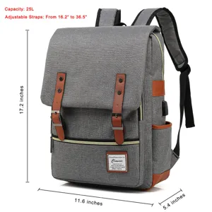 Detailed product dimensions for grey vintage canvas laptop backpack with USB port