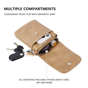 Detailed view of a tan PU leather phone bag showing multiple internal compartments