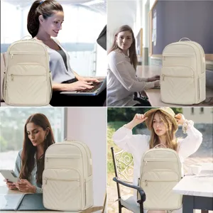 Collage de estilo de vida de una mochila beige para portátil, oficina y estudio.