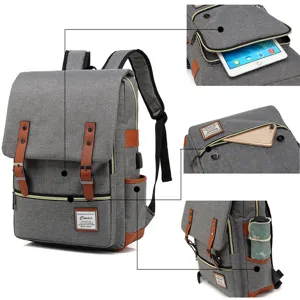 Detail view of retro canvas backpack showing laptop pocket, hidden pocket and side storage