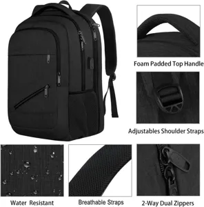 Detailansicht des schwarzen Reise-Laptop-Rucksacks mit wasserfesten Materialeigenschaften