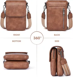 Bolso bandolera de cuero PU marrón para móvil con vistas detalladas en 360 grados