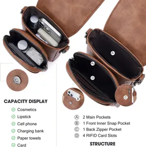 Detalle que muestra los compartimentos internos y la capacidad de este bolso bandolera de PU