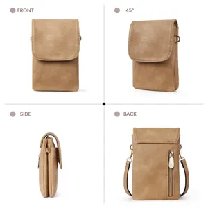 Multiple views of a stylish tan PU leather crossbody phone bag for women with back zipper