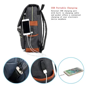 Detailed macro view showing the external USB charging port and internal power bank pocket