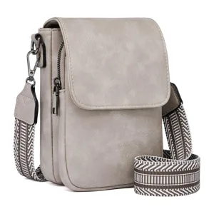 Elegante bolso bandolera gris de cuero PU para móvil con correa ancha de espiga decorativa