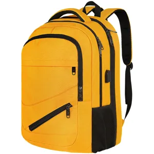 Detailansicht gelber Laptop Rucksack mit USB-Anschluss und hochwertigen Zippern