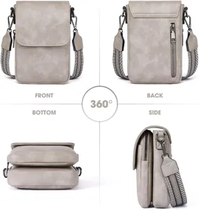Vista de 360 grados del bolso para móvil de cuero PU gris con correa ancha
