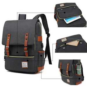 Detail view of vintage grey canvas backpack with USB port and multiple storage pockets