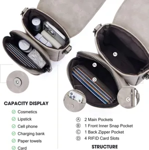 Estructura interna detallada del bolso bandolera gris con compartimentos y ranuras RFID