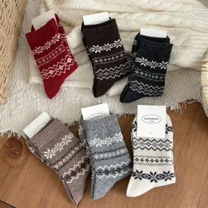 Women's winter warm cozy Fair Isle snowflake wool socks, thick knitted mid-calf socks.