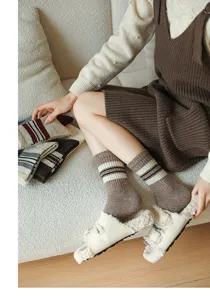 Women striped wool mid calf socks winter cozy casual knit hosiery daily wear chic style