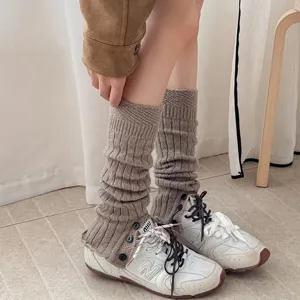 Knit leg warmers detail with three buttons, stylish winter apparel accessory for daily wear.