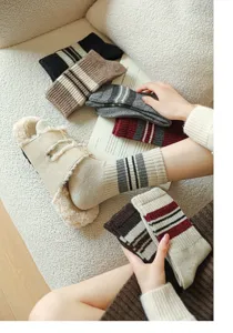 Detailed close-up of winter warm wool striped mid-calf socks lifestyle scene cozy wear.