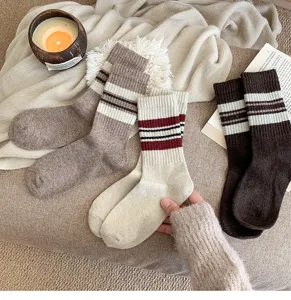 Women autumn winter striped knit mid tube socks cozy warm vintage college style casual socks