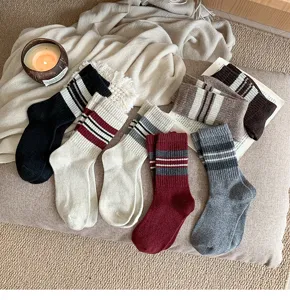 Autumn winter striped wool women mid-calf socks Korean style warm casual cozy tube socks