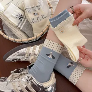 Chaussettes mi-hautes mignonnes chiot gris-bleu pour femmes, style collège kawaii printemps été.