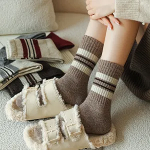 Women Winter Warm Striped Wool Blend Mid Tube Socks Preppy Style Casual Daily Fashion Soft Cozy Hosiery