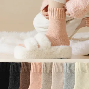 Women Winter Warm Thickened Wool Blend Crew Socks Solid Color Soft Terry Thermal Casual Mid Tube Socks