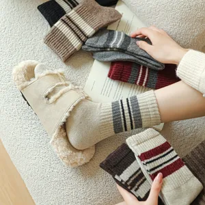 Autumn winter thermal striped wool mid tube socks for women, cozy casual daily wear hosiery.